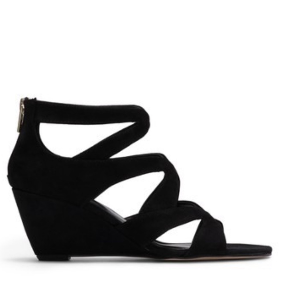Black Strappy Peep Toe Wedge Ankle Bootie Pump - Picture 10 of 10